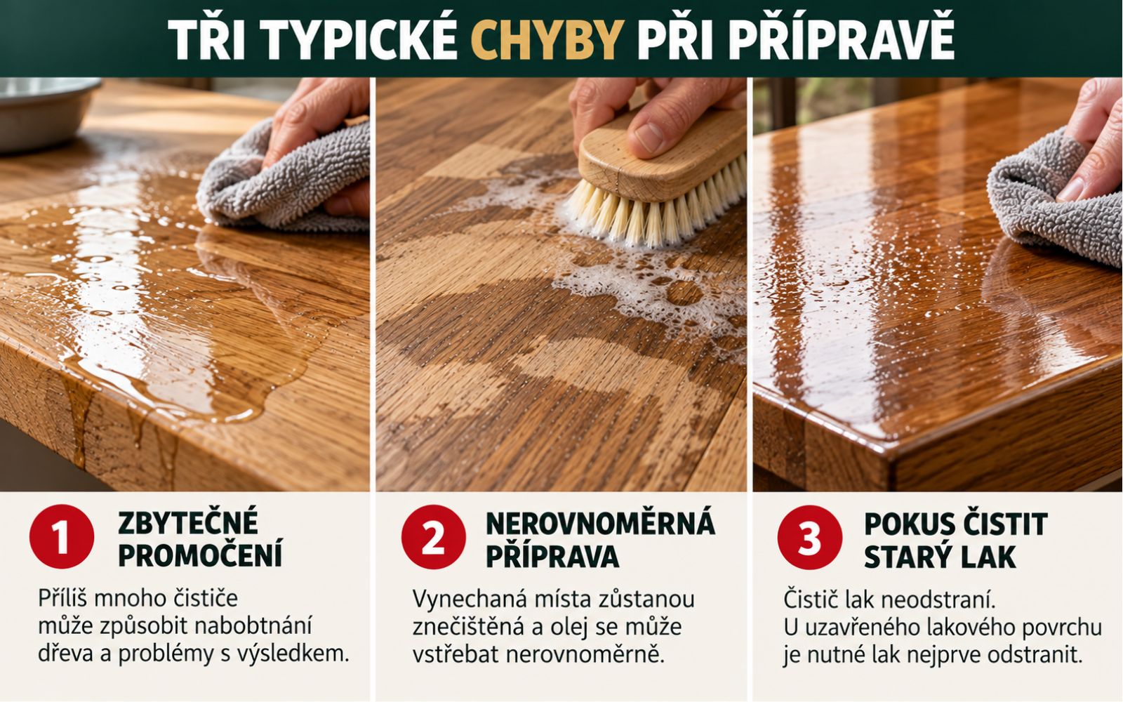 Nesprávné promočení, nerovnoměrná příprava a pokus čistit starý lak